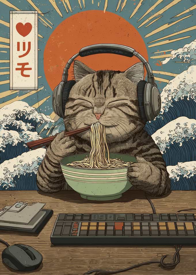 Cat Eating Ramen with Headphones