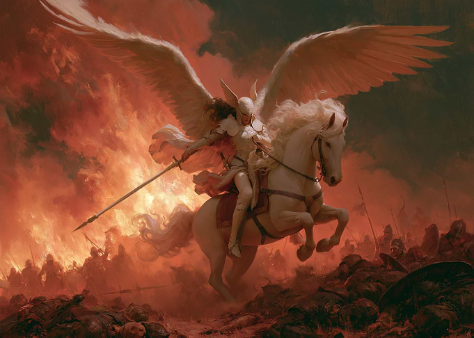 Angel Warrior on a White Horse in Battle