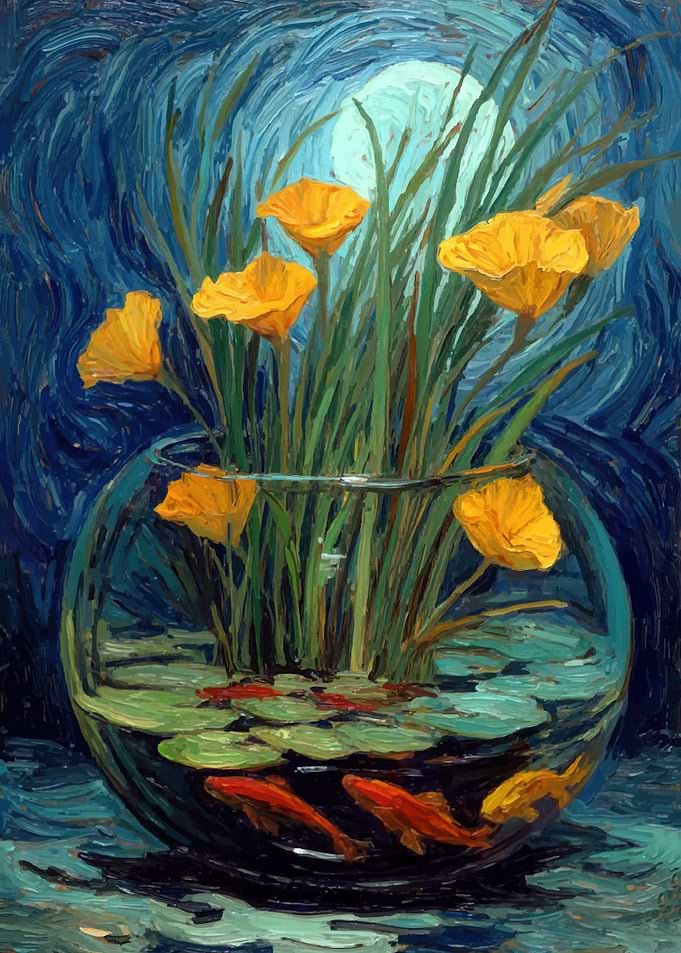 Goldfish and Yellow Flowers in a Bowl