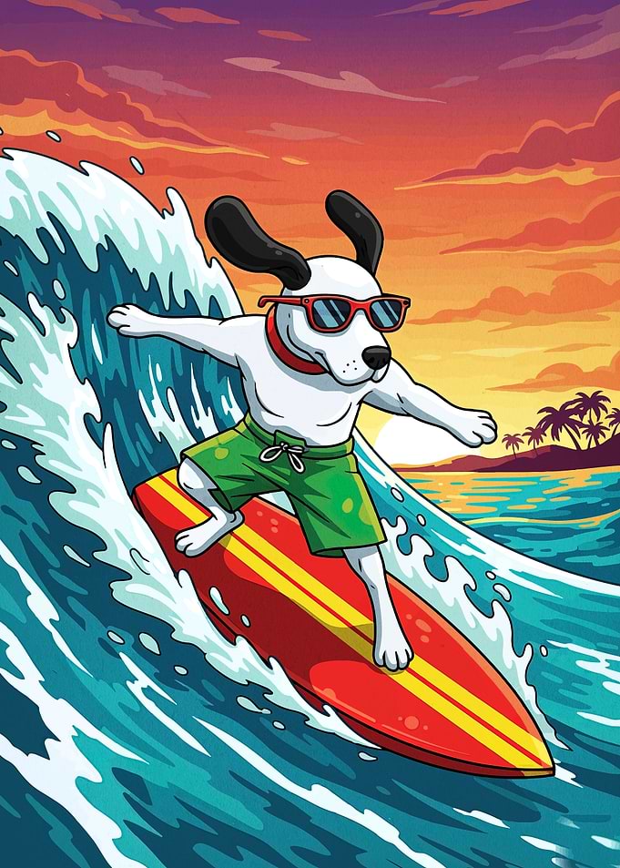 Dog Surfing at Sunset