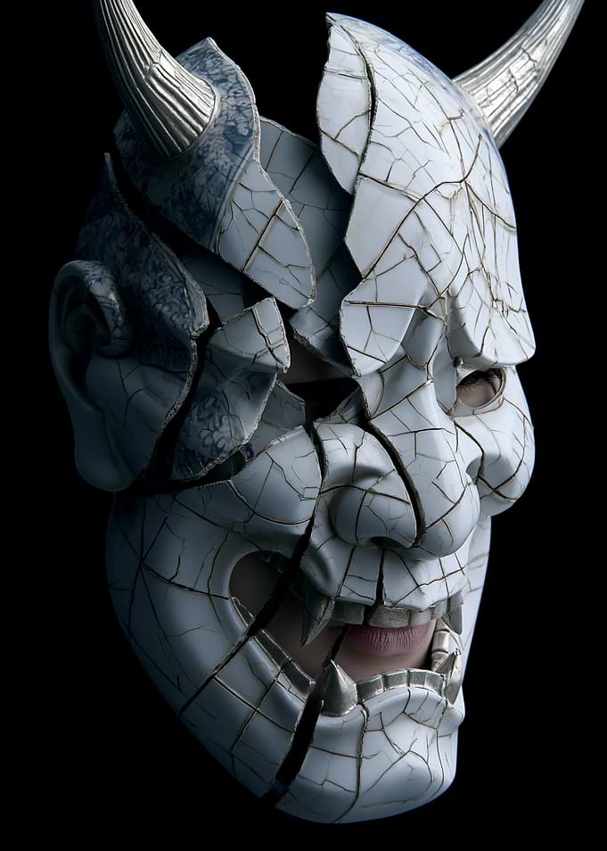 Cracked Oni Mask with Horns