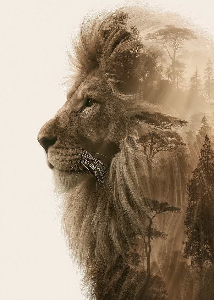 Lion and Forest Double Exposure