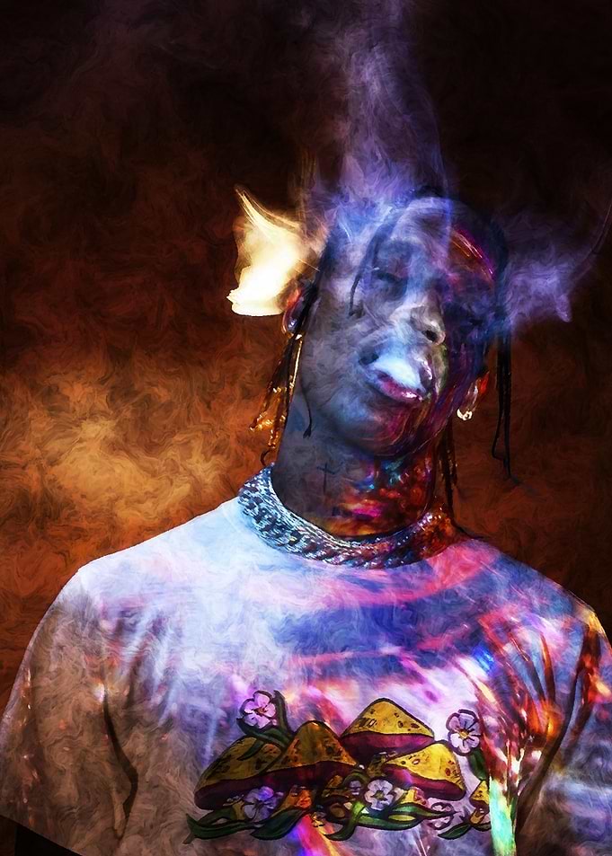 Travis Scott with psychedelic smoke effects