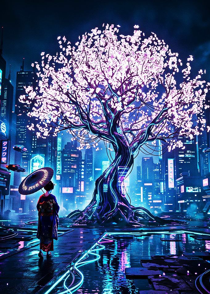 Cyberpunk Geisha Under Cherry Blossoms