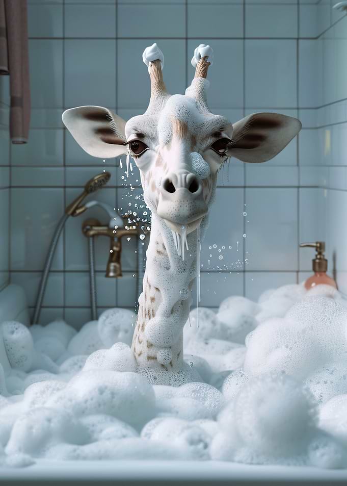 Giraffe in a bubble bath