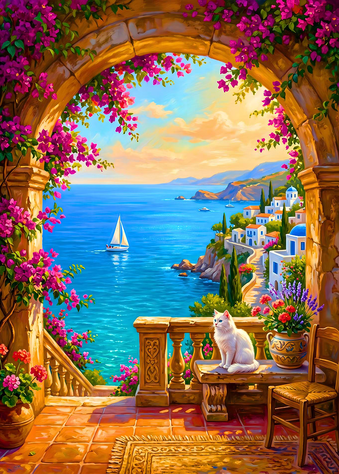 Cat on a Balcony Overlooking the Sea