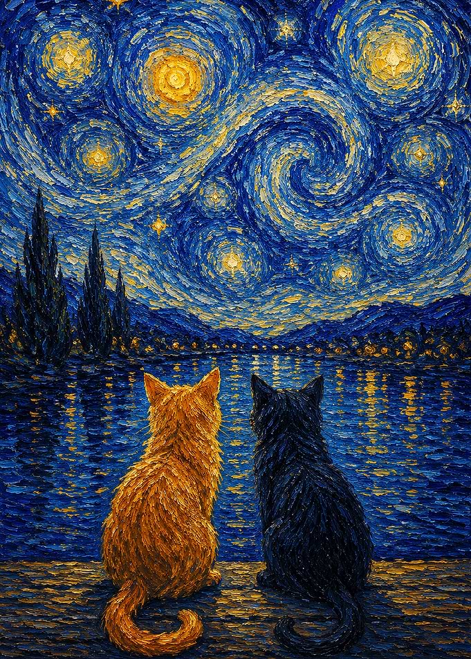 Cats admire Van Gogh's Starry Night