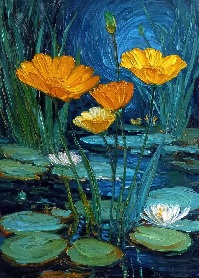Impressionist Water Lilies and Poppies