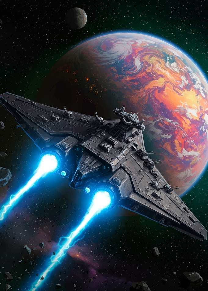 Spaceship firing engines in front of planets