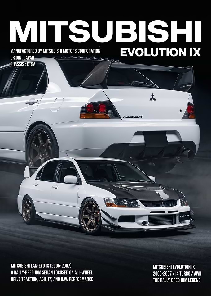 sleek white Mitsubishi Lancer Evolution IX car poster