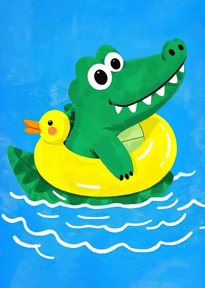 Cute Alligator and Duckling on a Float
