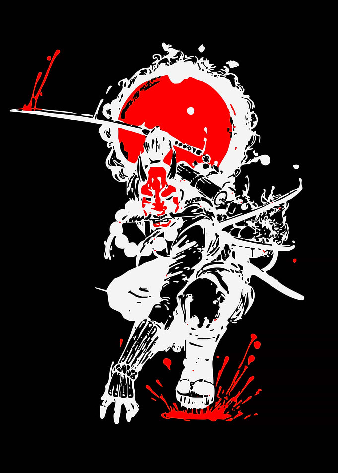Samurai Warrior with Red Mask and Swords