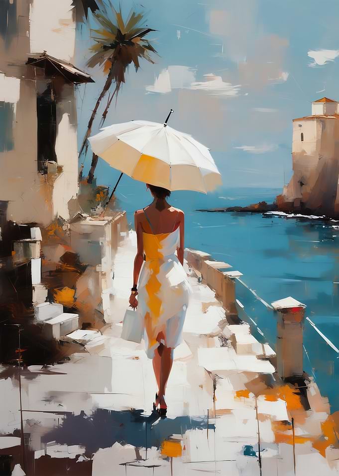 Woman with Umbrella on Coastal Path