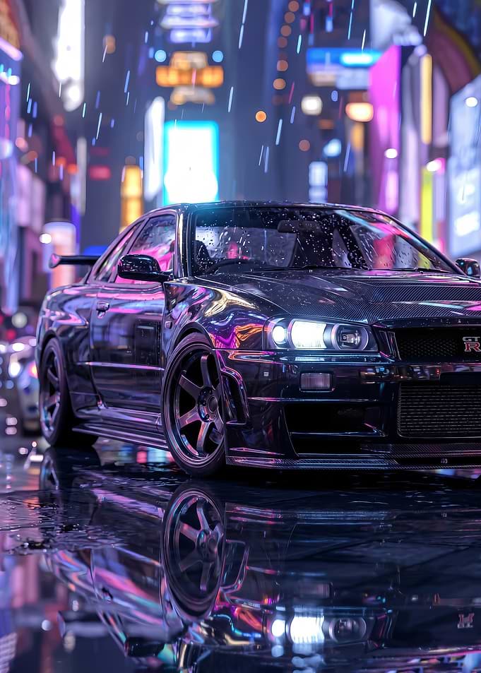 sleek Cyberpunk Nissan GT-R R34 in Neon City Rain