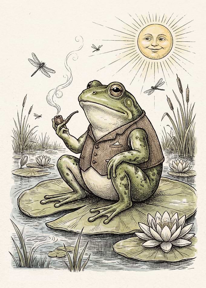 Frog smoking pipe on lily pad