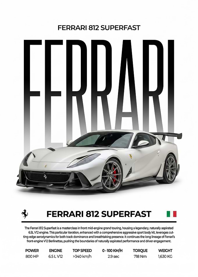 A striking sleek white Ferrari 812 Superfast Poster