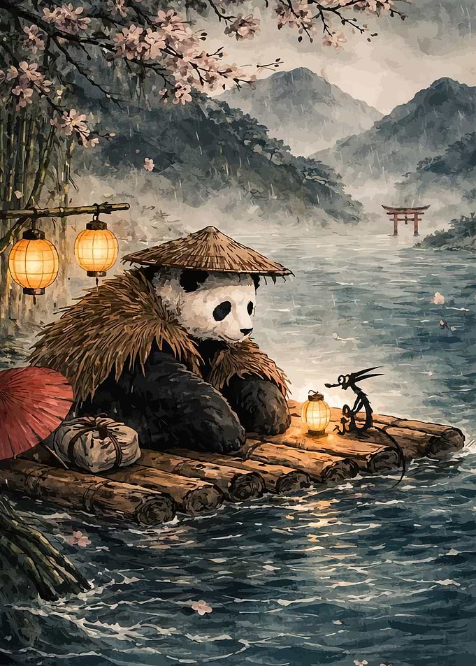 Panda on a raft in a Japanese landscape