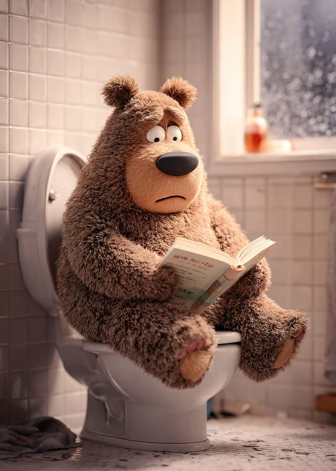 Bear reading on the toilet