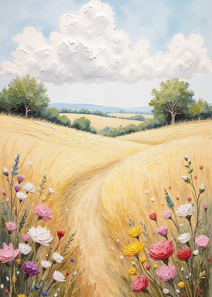 Impressionistic Field of Flowers and Wheat