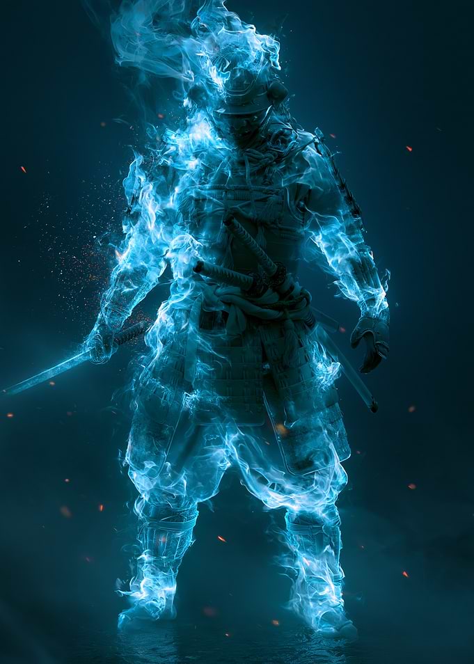 Samurai engulfed in blue fire