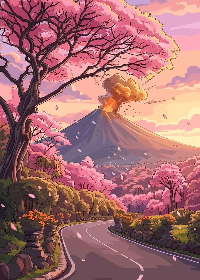 Volcano Erupting Amidst Cherry Blossoms