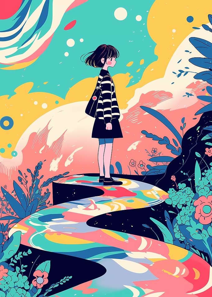 Girl on a colorful path