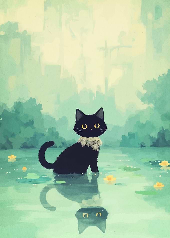 Black Cat in Water with Reflection