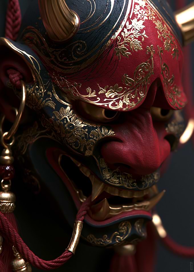 Detailed Oni Mask with Gold Ornaments