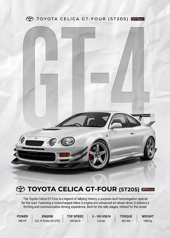 A dynamic Toyota Celica GT-Four ST205 car Poster