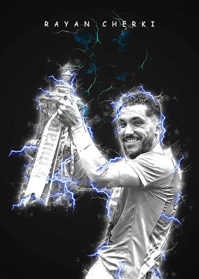 Rayan Cherki with Trophy and Lightning