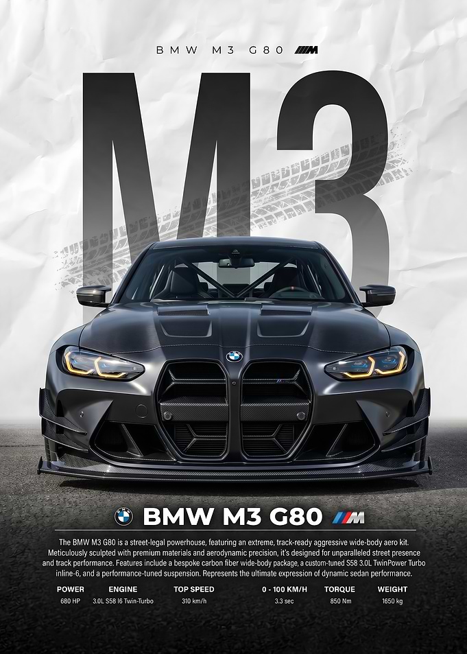 A dramatic sleek BMW M3 G80 Car Poster