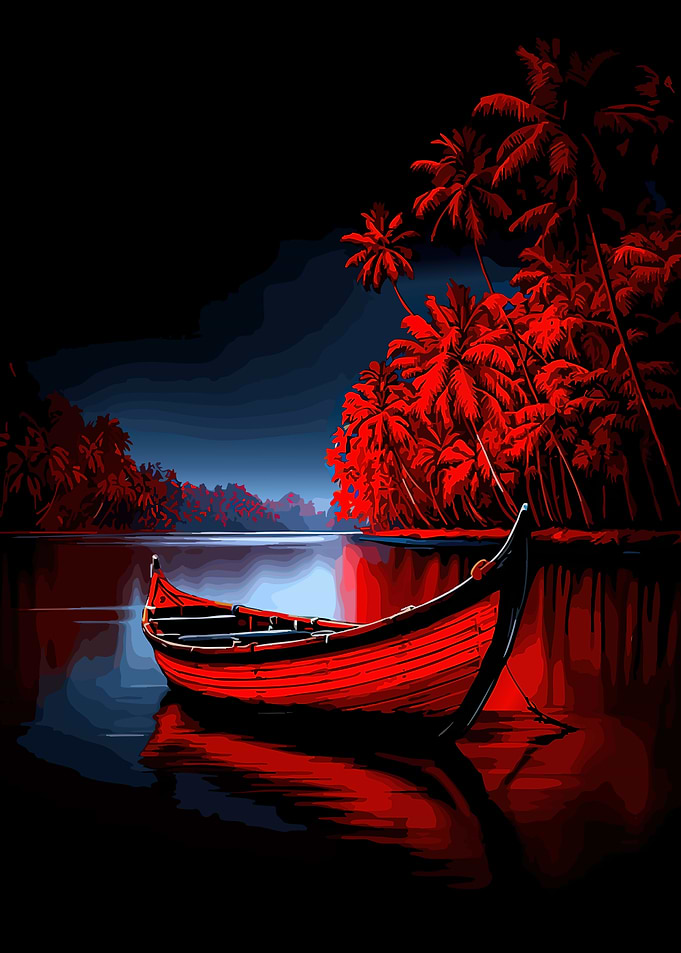 Red Boat on Water at Night