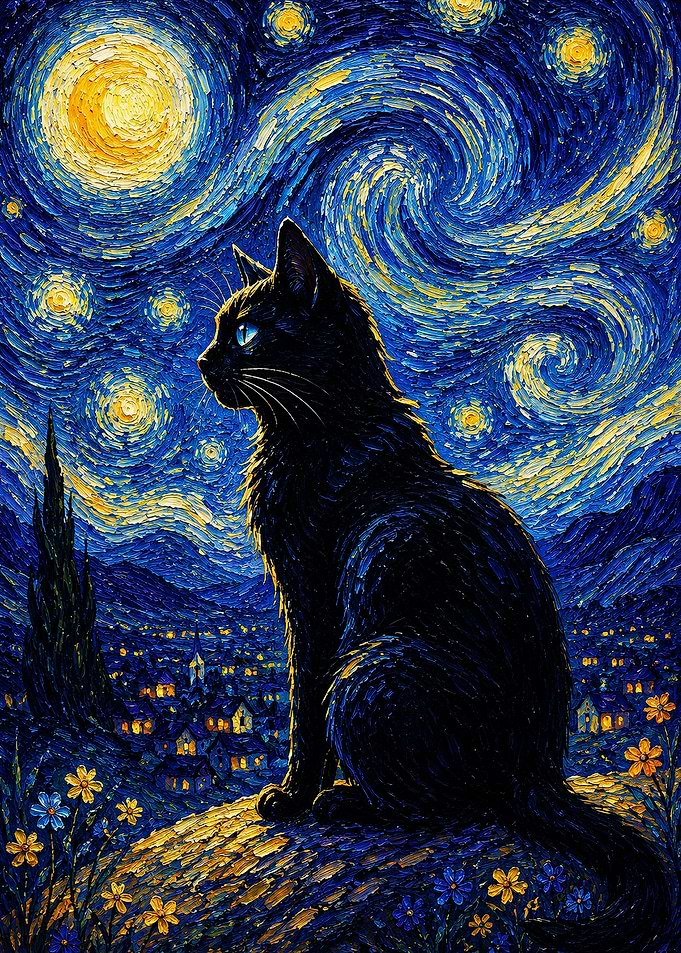 Black Cat in Starry Night