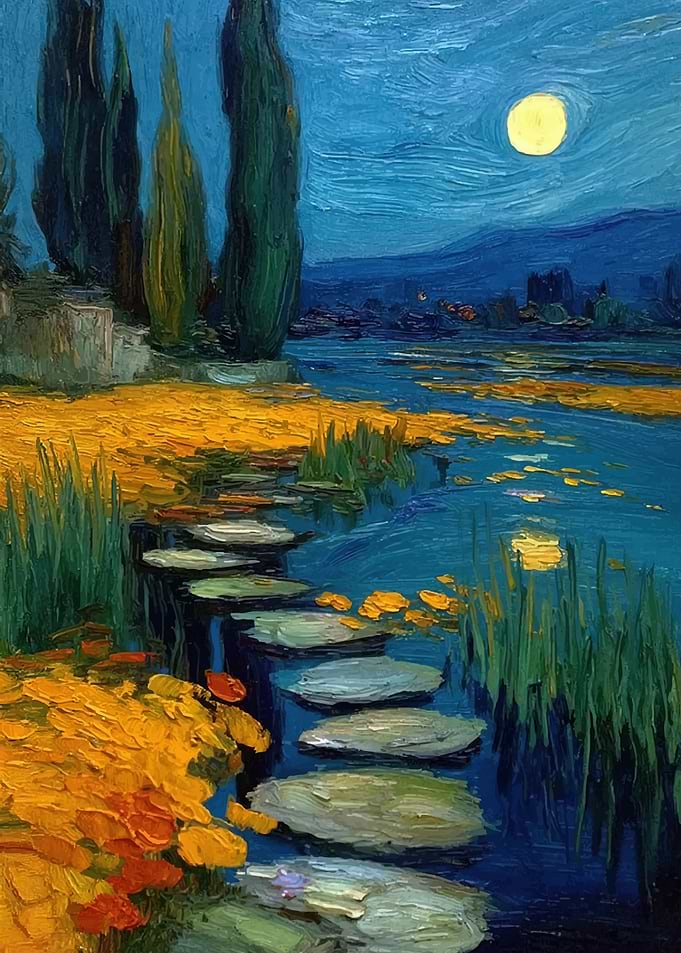 Moonlit Cypress and Water Lily Pond