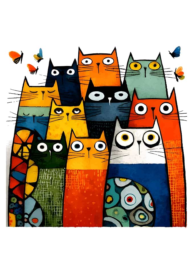 Whimsical Cat Family with Butterflies