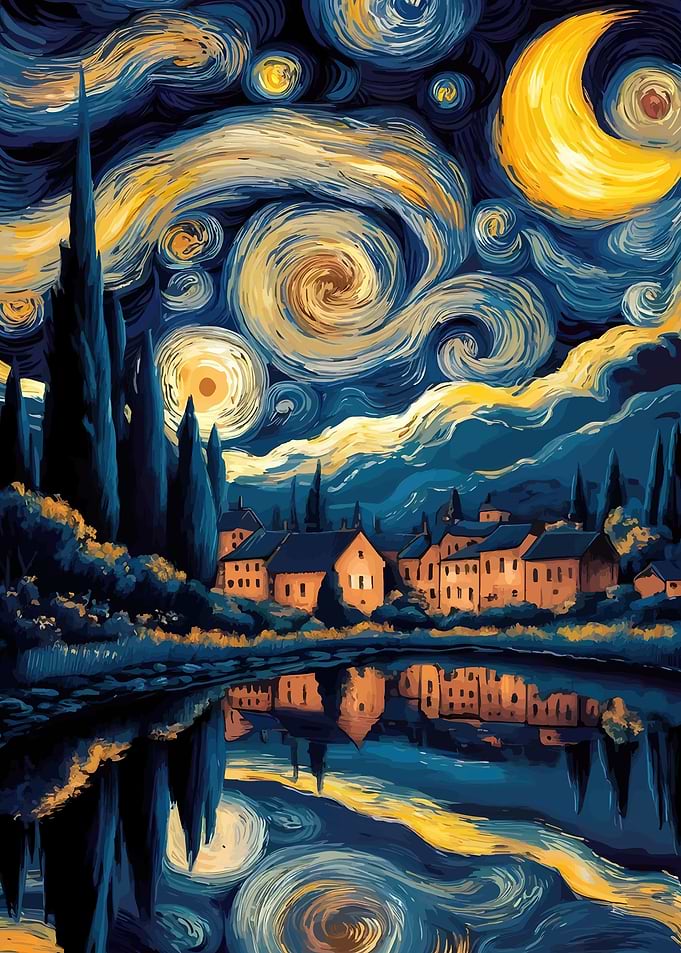 Starry Night Village Reflection