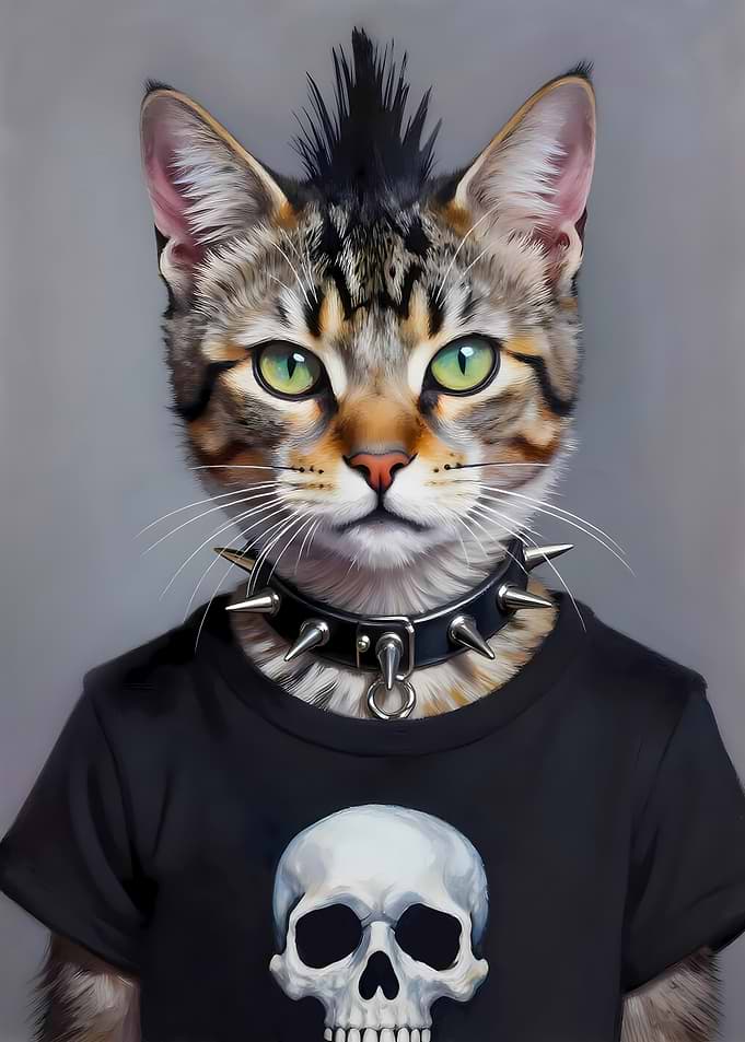 Punk Cat with Mohawk and Skull Shirt