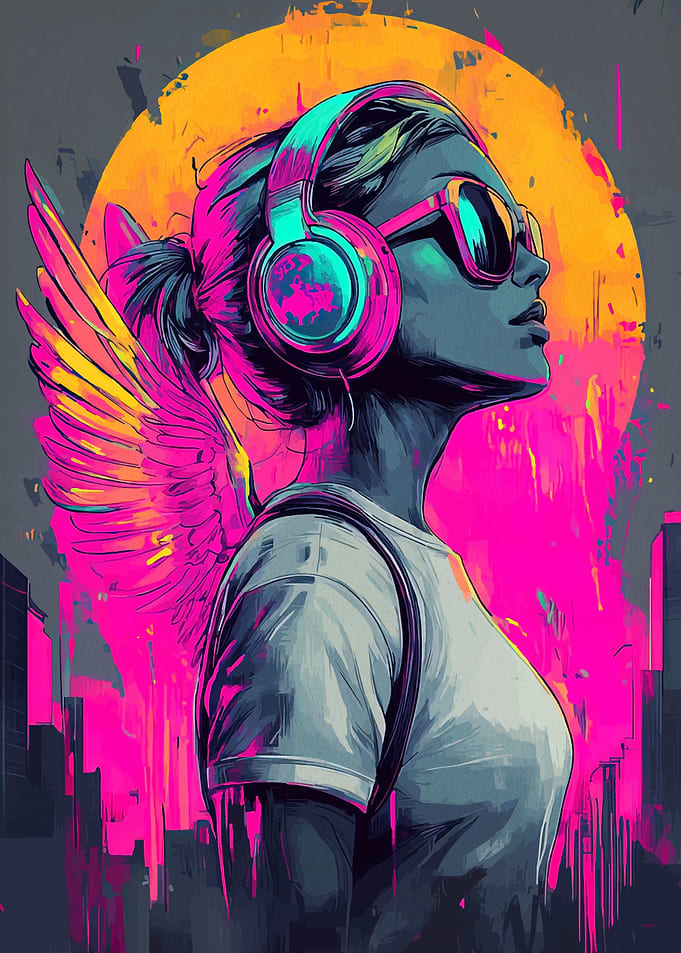 Woman with headphones and wings