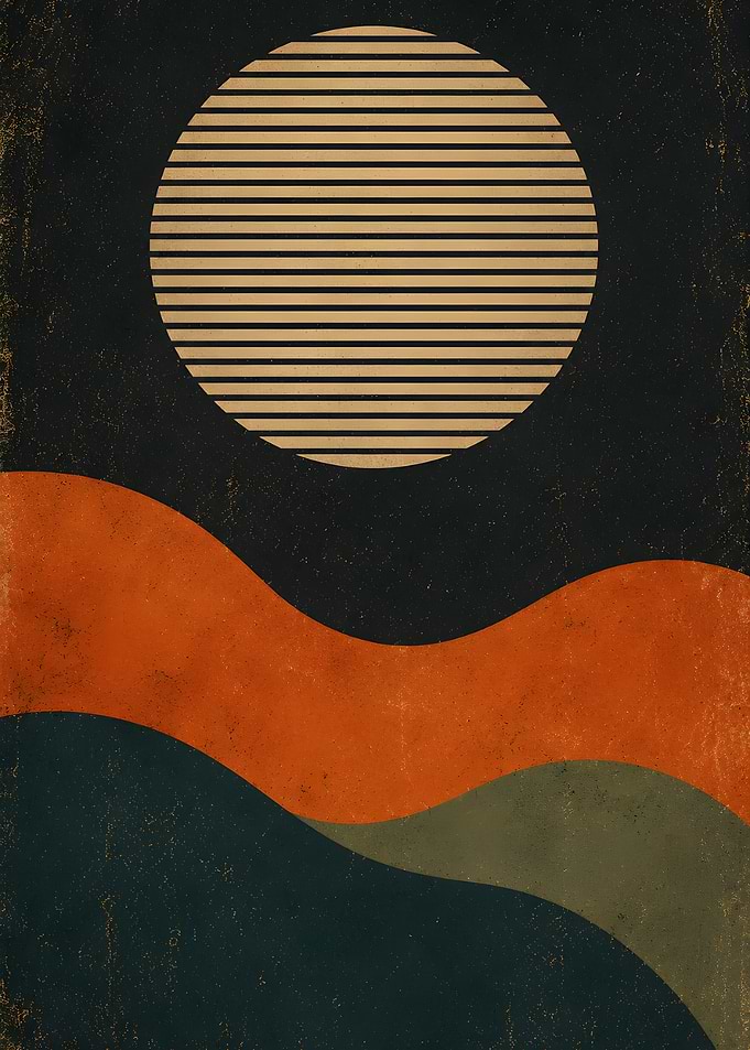 Retro Minimalist Sun: Wavy Landscape Mid-Century Modern Art