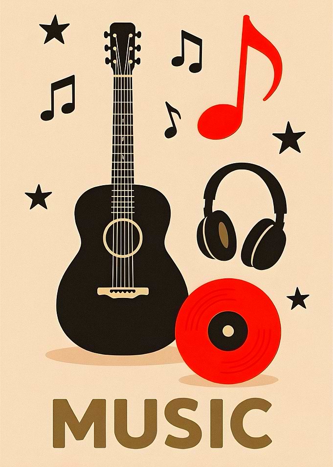 Music Themed Graphic with Guitar and Headphones