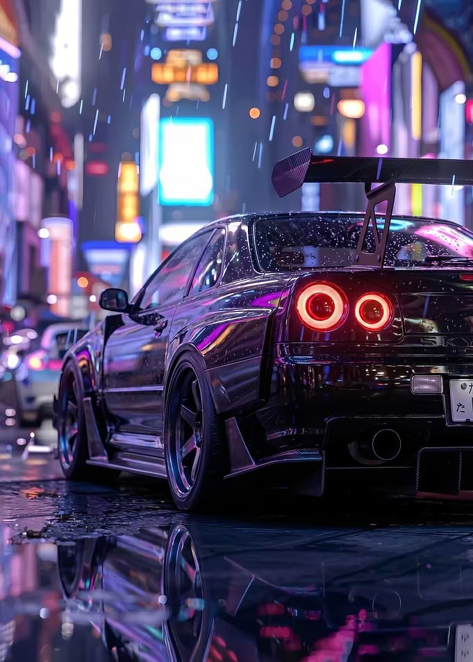 sleek Cyberpunk nissan gtr r34 Car in Rainy City