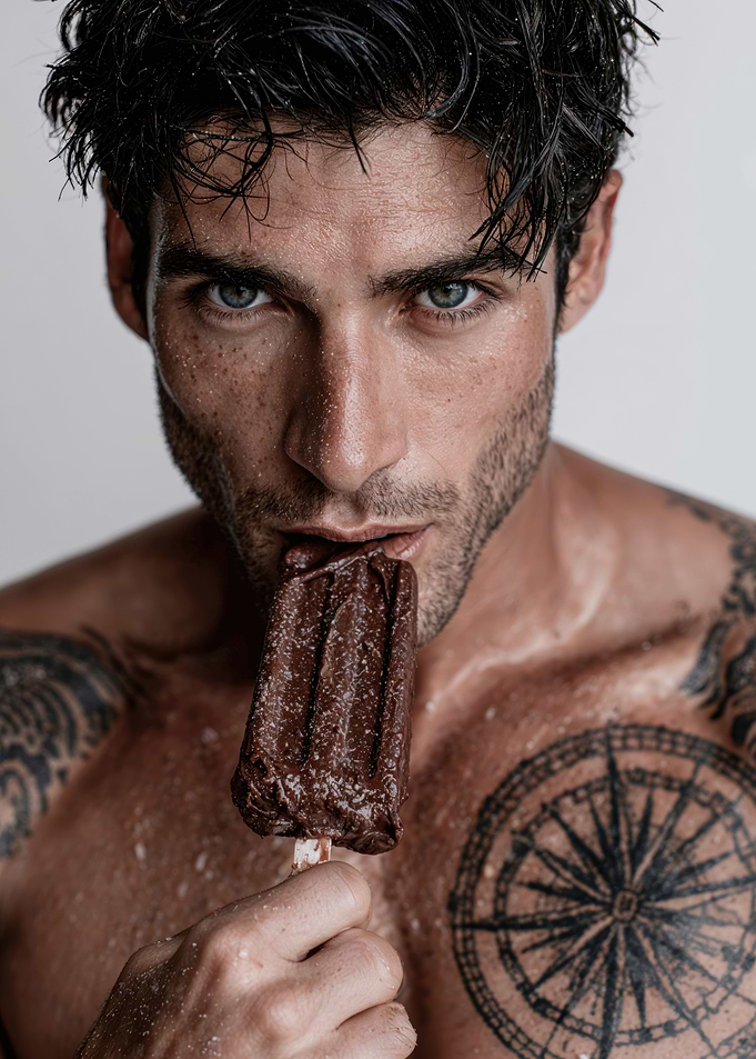 Tattooed Man Eating Chocolate Popsicle