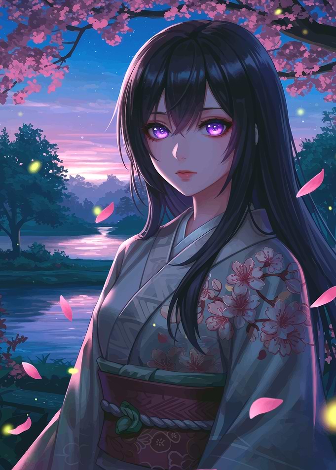 Anime Girl in Kimono by Cherry Blossoms