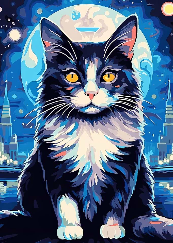 Tuxedo Cat Under the Moon