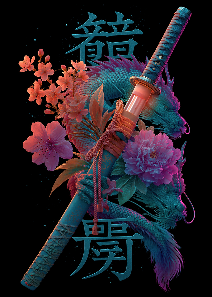 Samurai Sword with Dragon and Flowers