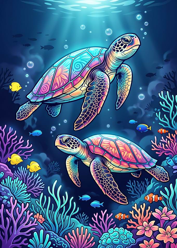 Colorful Sea Turtles in Coral Reef