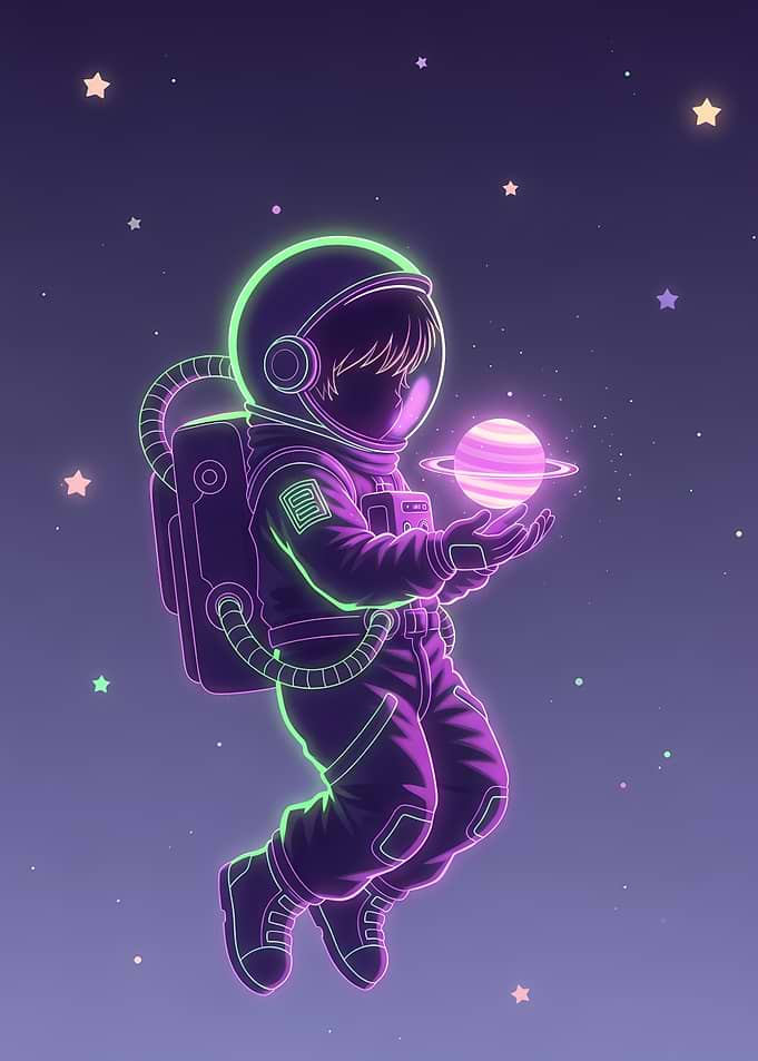 Astronaut boy Holding a Glowing Striped Planet in Neon Space