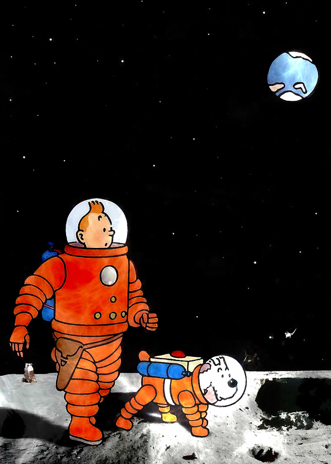 Tintin and Snowy on the Moon