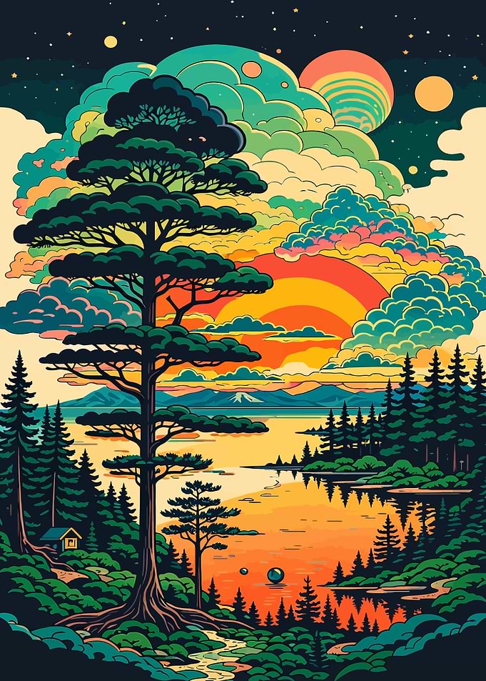 Vibrant Surreal Landscape with Tree and Sunset