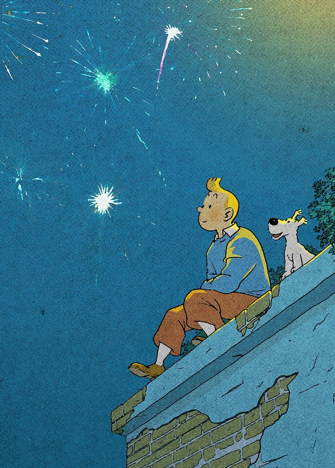 Tintin and Snowy Watching Fireworks
